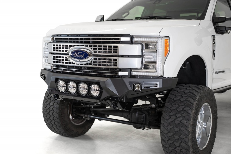 Ford F350 Super Duty Bumper - Front - Addictive Desert Designs - Bomber with Mounts for Rigid 360 6 in. Round Lights - Hammer Black with Satin Black Panels - `17-`20